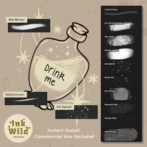 Collection of 30 Procreate inking brushes with liners, dry brushes, washes, splatters and traditional ink textures. A digital brush set display featuring a central glass bottle illustration with the text Drink me. The image includes labels for Wet Marker, Ballpoint pen, and Ink Splash, alongside a black sidebar listing various brush textures.