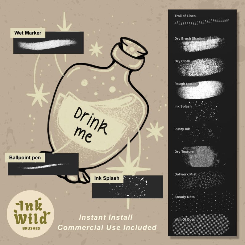 Collection of 30 Procreate inking brushes with liners, dry brushes, washes, splatters and traditional ink textures. A digital brush set display featuring a central glass bottle illustration with the text Drink me. The image includes labels for Wet Marker, Ballpoint pen, and Ink Splash, alongside a black sidebar listing various brush textures.
