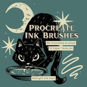 Könnte beinhalten: Illustration einer schwarzen Katze, die aus einer Schüssel trinkt, mit einem Halbmond und Sternen im Hintergrund. Der Text lautet "PROCREATE INK BRUSHES" mit Details zu den enthaltenen Pinseln und Papiertexturen. Die Worte "Midnight Ink Pack" stehen unten.