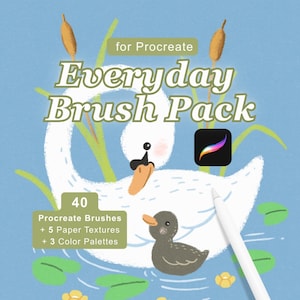 May include: A digital illustration of a white swan and a small dark duckling on blue water with green reeds and lily pads. Text reads: for Procreate Everyday Brush Pack, 40 Procreate Brushes + 5 Paper Textures + 3 Color Palettes. Includes a stylus.