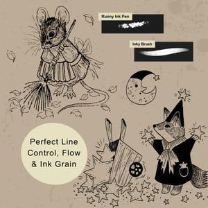 Black ink illustration created in Procreate with textured linework inspired by traditional pen and ink drawing. A digital sketch set featuring a mouse sweeping leaves, a crescent moon, and a fox wearing a star-topped hat. Text includes Runny Ink Pen, Inky Brush, and Perfect Line Control, Flow & Ink Grain. The artwork uses black lines on a tan background.