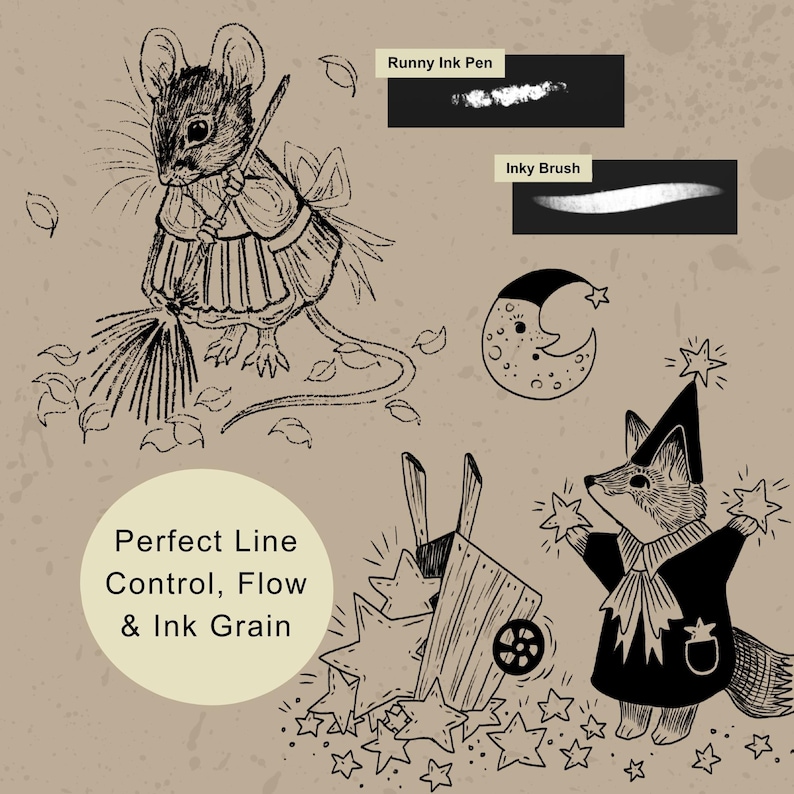 Black ink illustration created in Procreate with textured linework inspired by traditional pen and ink drawing. A digital sketch set featuring a mouse sweeping leaves, a crescent moon, and a fox wearing a star-topped hat. Text includes Runny Ink Pen, Inky Brush, and Perfect Line Control, Flow & Ink Grain. The artwork uses black lines on a tan background.
