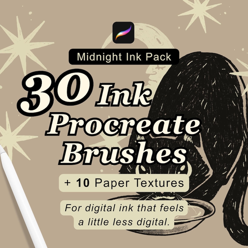 May include: A digital product graphic titled Midnight Ink Pack featuring 30 Ink Procreate Brushes and 10 Paper Textures. The design includes a black cat illustration, a crescent moon, stars, and the text For digital ink that feels a little less digital.