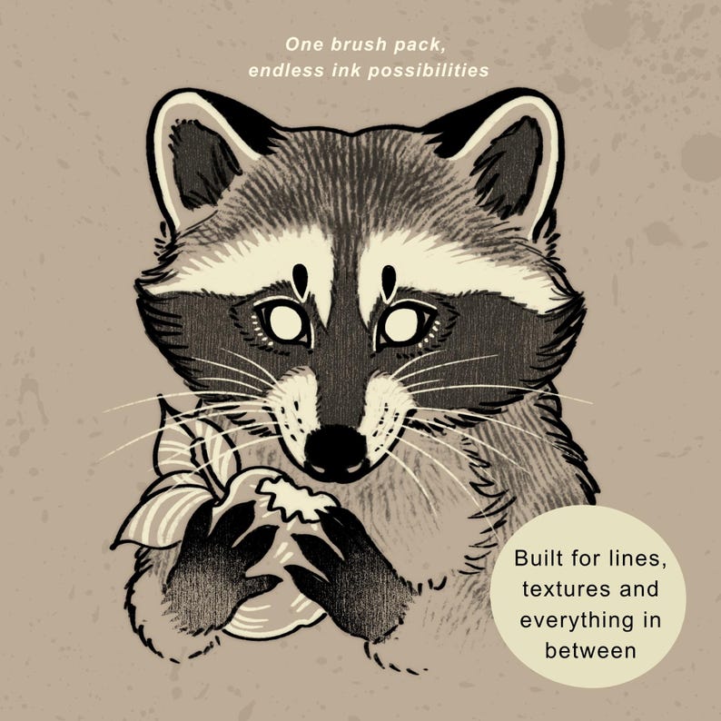 Procreate liner and inking brushes demonstrated with clean outlines, expressive strokes and traditional ink textures. A digital illustration of a raccoon holding a piece of fruit, rendered in black, white, and shades of tan. The text reads: One brush pack, endless ink possibilities and Built for lines, textures and everything in between.