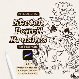 May include: A digital product listing for SketchSpell Set Sketch Pencil Brushes for Procreate featuring a black and white line art illustration of a cat wearing a hat and reading a book among sunflowers, with a stylus and text details.