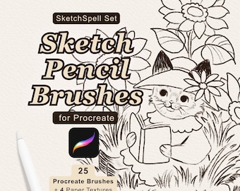 May include: A digital product listing for SketchSpell Set Sketch Pencil Brushes for Procreate featuring a black and white line art illustration of a cat wearing a hat and reading a book among sunflowers, with a stylus and text details.