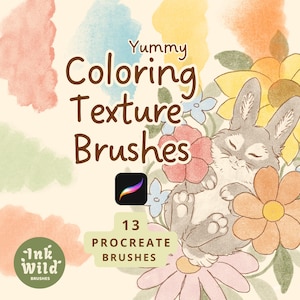 Può includere: Un set di arte digitale intitolato Yummy Coloring Texture Brushes che include 13 pennelli Procreate. L'immagine mostra un coniglio grigio addormentato circondato da fiori colorati, macchie di colore stile acquerello e il logo Ink Wild Brushes.