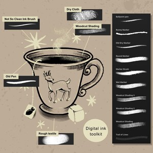 Procreate liner and inking brushes demonstrated with clean outlines, expressive strokes and traditional ink textures. A digital ink toolkit display featuring a central teacup illustration with a deer motif, a tea bag, and a sugar cube. The image includes various ink style brush stroke samples.
