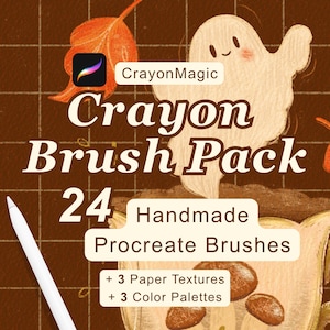 May include: A digital product advertisement for a CrayonMagic Crayon Brush Pack featuring 24 handmade Procreate brushes, 3 paper textures, and 3 colour palettes. The graphic includes a white stylus, a ghost illustration, and autumn leaves.