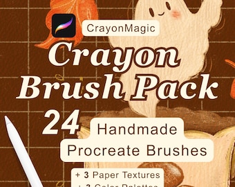 May include: A digital product advertisement for a CrayonMagic Crayon Brush Pack featuring 24 handmade Procreate brushes, 3 paper textures, and 3 color palettes. The graphic includes a white stylus, a ghost illustration, and autumn leaves.