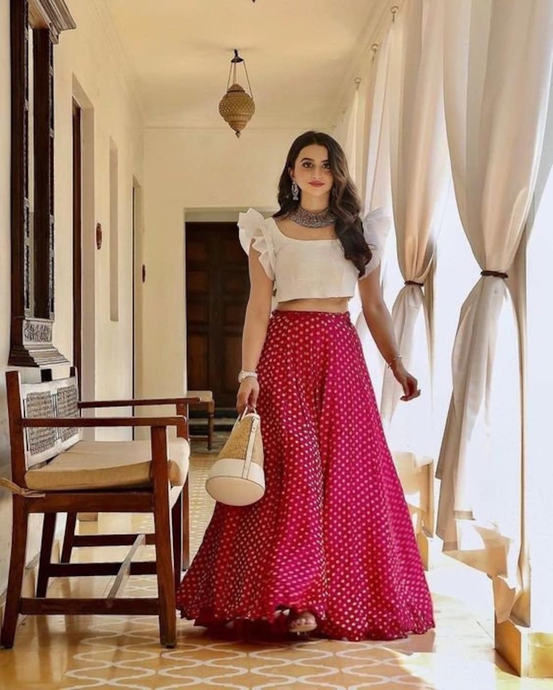 Buy Designer White Crop Top With Pink Skirt Lehenga Customized ...