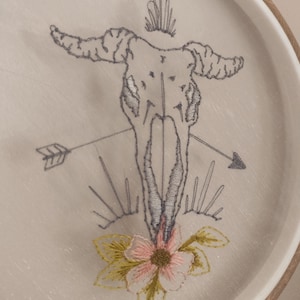 Gothic Ram Skull Arrow and Flowers Embroidery Art