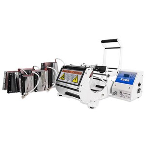 Könnte beinhalten: Weiße Tassenpresse mit digitalem Bedienfeld und einem Warnhinweis mit der Aufschrift "Warnung: Vorsicht". Die Maschine dient zum Übertragen von Bildern auf Tassen. Die Maschine wird mit vier Heißpressplatten geliefert.