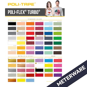 Könnte beinhalten: Eine Poli-Tape Poli-Flex Turbo Farbkarte mit einer breiten Palette an Standard-, Metallic-, Effekt- und Neon-Transferfolienmustern. Die Darstellung enthält eine Kopfzeile mit Markentext sowie zwei Personen, die T-Shirts mit Grafikdrucken tragen.