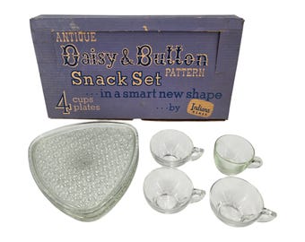 Indiana Glass Daisy & Button Clear Snack-Service-Set, 4 Teller, 4 Tassen MCM