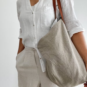Übergroße Midi-Tasche für Frauen mit Ledergriffen, Midi-Boho-Tasche, Slouchy-Tasche, Strandtasche aus Naturleinen, Leinen-Strand-Outfit, Urlaubsgeschenk