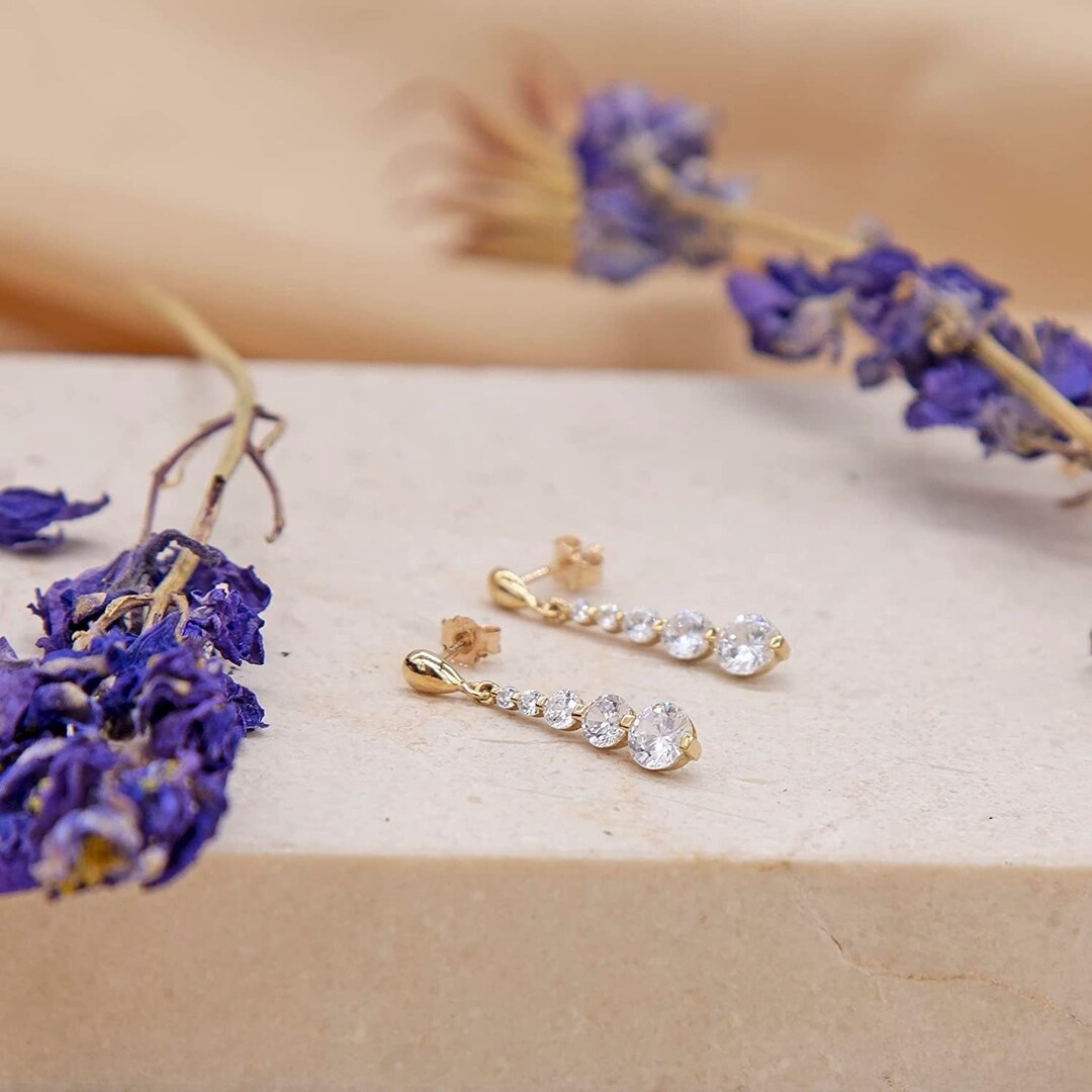 9ct Gold Graduated Drop Earrings With Cubic Zirconia Elegant Etsy