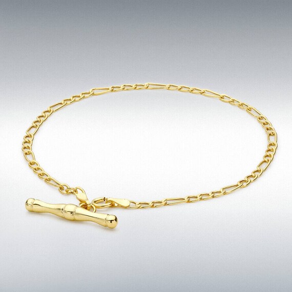 9ct GOLD T-bar Bracelet Figaro 2mm 7.5 