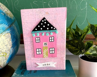 Paper Mache House Wood Art Block, Whimsical Kids Room Decor, Colorful Mixed Media Collage Art