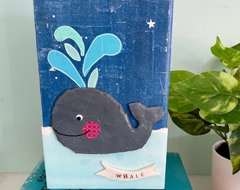 Paper Mache Whale Wood Art Block, Whimsical Kids Room Decor, Colorful Mixed Media Collage Art