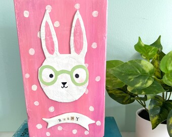 Paper Mache Bunny Wood Art Block, Whimsical Kids Room Decor, Colorful Mixed Media Collage Art