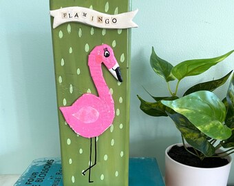 Paper Mache Flamingo Wood Art Block, Whimsical Kids Room Decor, Colorful Mixed Media Collage Art