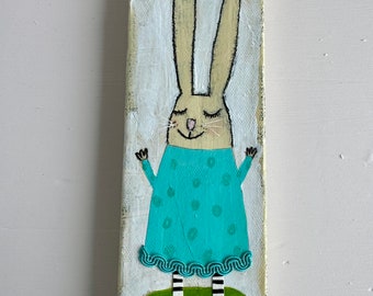 Bunny art, mixed media rabbit, whimsical Spring decor, colorful bunny collage, blue bunny rabbit art, bunny nursery wall art, cute bunny