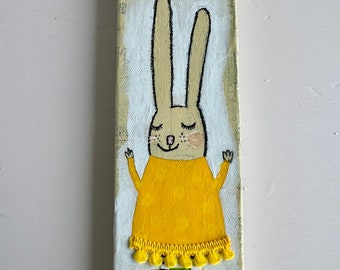 Bunny art, mixed media rabbit, whimsical Spring decor, colorful bunny collage, yellow bunny rabbit art, bunny nursery wall art, cute bunny