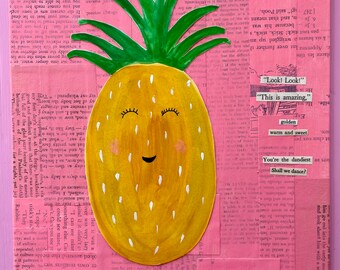 Pineapple Art, Anthropomorphic Fruit, Cute Fruit Art, Fruit Collage, Pineapple Original Art, Kitchen Art, Mixed Media Collage Fruit