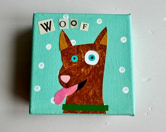 Dog art, whimsical dog collage, kids room art, playroom wall art, gift for dog lover, collage dog art, small dog shelf art