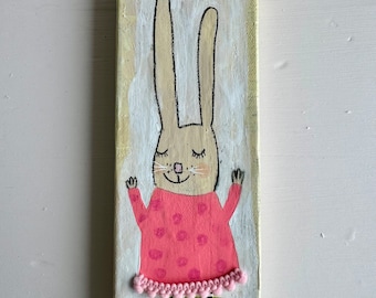 Bunny art, mixed media rabbit, whimsical Spring decor, colorful bunny collage, pink bunny rabbit art, bunny nursery wall art, cute bunny