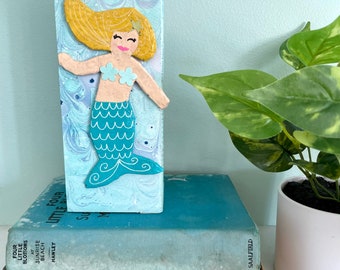 Paper Mache Mermaid Wood Art Block, Whimsical Kids Room Decor, Colorful Mixed Media Collage Art