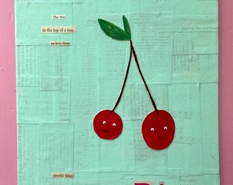 Cherry Art, Anthropomorphic Fruit, Cute Fruit Art, Fruit Collage, Cherries Original Art, Kitchen Art, Mixed Media Collage Cherries