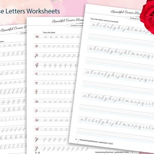 May include: Four pages of a cursive handwriting worksheet for lowercase letters. Each page has a different letter of the alphabet with lines to trace the letter. The pages are white with light blue lines and a pink background.