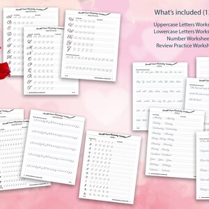 May include: A set of 12 printable cursive handwriting worksheets for practicing uppercase and lowercase letters, numbers, and common phrases. The worksheets are designed to help improve handwriting skills.
