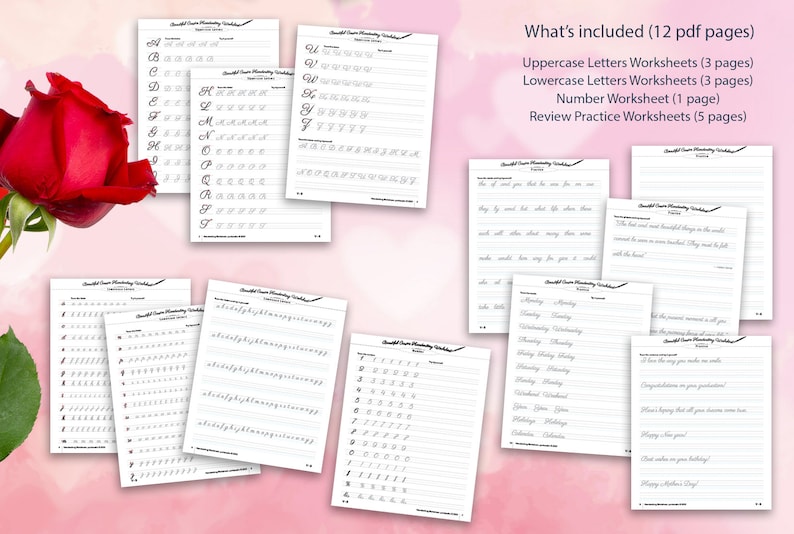 May include: A set of 12 printable cursive handwriting worksheets for practicing uppercase and lowercase letters, numbers, and common phrases. The worksheets are designed to help improve handwriting skills.