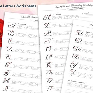 May include: A set of printable worksheets for practicing cursive handwriting. The worksheets feature uppercase letters of the alphabet, with dotted lines to guide the user in tracing the letters. The worksheets are titled "Beautiful Cursive Handwriting Worksheet" and "Uppercase Letters".