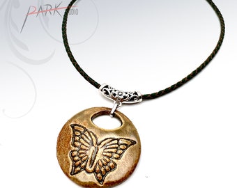 N58 Butterfly - Ceramic Jewelry, Handmade Pottery Pendant Necklace