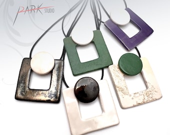 N63 Square Harmony - Ceramic Jewelry, Handmade Pottery Pendant Necklace (Each Necklace)