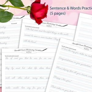 May include: Five printable cursive handwriting practice worksheets with lined paper. The worksheets feature sentences and words to practice cursive writing. The worksheets are titled "Beautiful Cursive Handwriting Worksheet Practice".