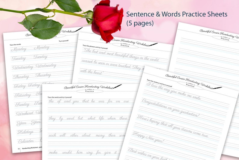 May include: Five printable cursive handwriting practice worksheets with lined paper. The worksheets feature sentences and words to practice cursive writing. The worksheets are titled "Beautiful Cursive Handwriting Worksheet Practice".