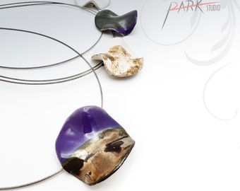 N47 Distorted Moon - Ceramic Jewelry, Handmade Pottery Pendant Necklace (Each Necklace)
