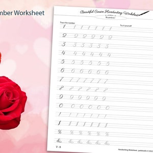 May include: A black and white printable worksheet with the title "Beautiful Cursive Handwriting Worksheet" and the words "Trace the number" and "Try it yourself". The worksheet features cursive handwriting practice for numbers 1 through 9, 0, !, $, %, and &.