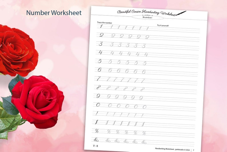 May include: A black and white printable worksheet with the title "Beautiful Cursive Handwriting Worksheet" and the words "Trace the number" and "Try it yourself". The worksheet features cursive handwriting practice for numbers 1 through 9, 0, !, $, %, and &.