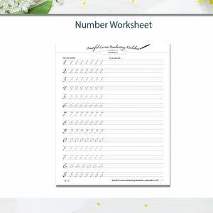 May include: A black and white printable worksheet with the title "Number Worksheet" and a section titled "Beautiful Cursive Handwriting Worksheet". The worksheet has lines for practicing writing the numbers 1 through 9 and 0.