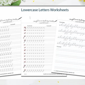 May include: Three printable worksheets for practising lowercase cursive handwriting. Each worksheet features a different letter of the alphabet, with multiple lines for tracing the letter.