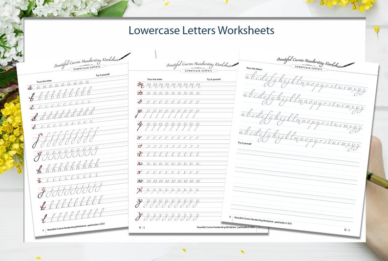 May include: Three printable worksheets for practising lowercase cursive handwriting. Each worksheet features a different letter of the alphabet, with multiple lines for tracing the letter.