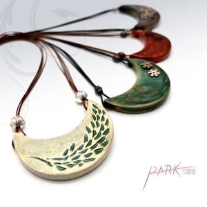 N42 Crescent leaves - Ceramic Jewelry, Handmade Pottery Pendant Necklace (Each Necklace)