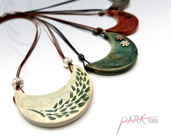 N42 Crescent leaves - Ceramic Jewelry, Handmade Pottery Pendant Necklace (Each Necklace)