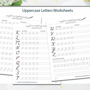 May include: Three printable worksheets for practising uppercase cursive handwriting. Each worksheet features a different set of letters with dotted lines to trace and practise writing.